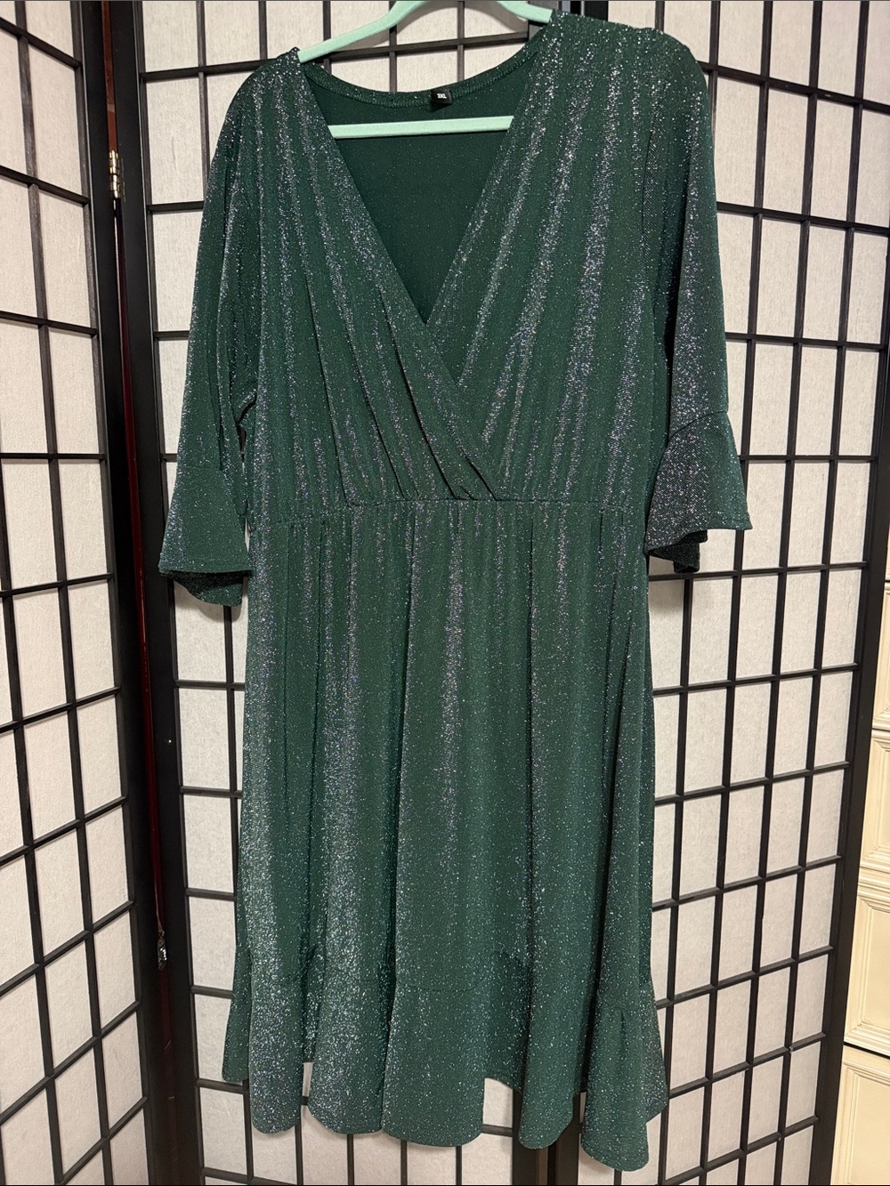 Women's Forest Green Sparkle Wrap-Front Dress